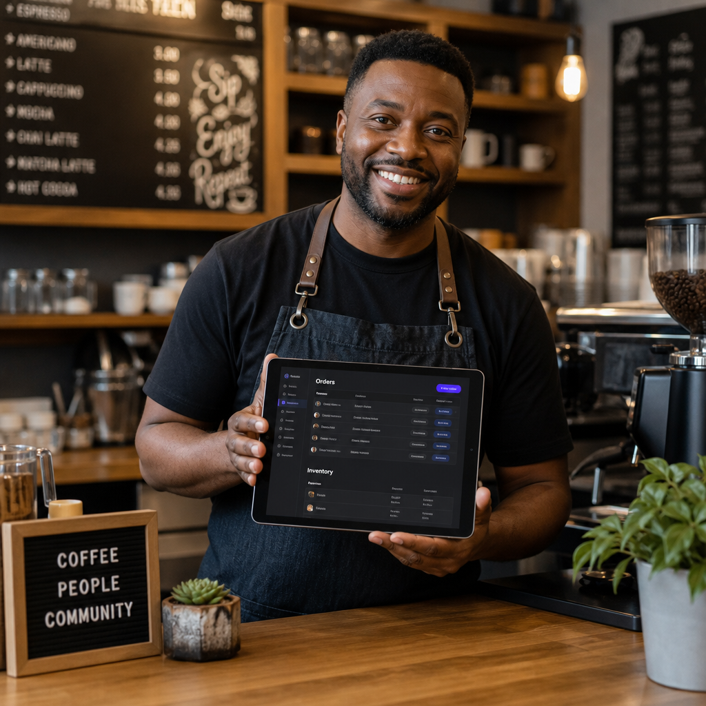 A cafe owner checking orders on a tablet