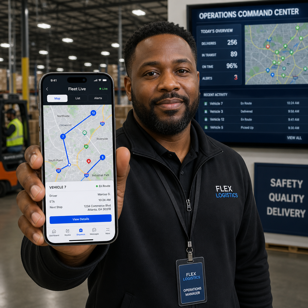A delivery technician checking route optimization on a smartphone app