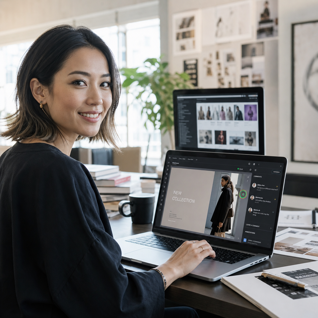 A designer reviewing client proofing software on a laptop